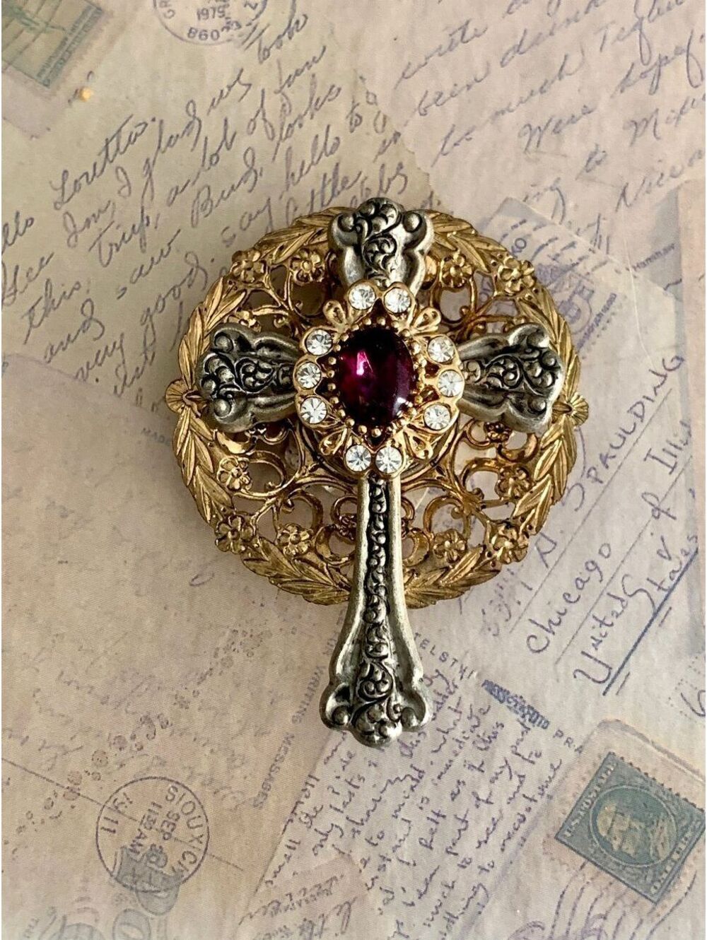 Handmade Magnet Brooch with Swarovski Crystals Elegant Gold Filigree Cross Pin